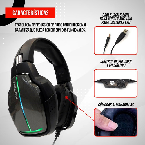 Imagen 7 de 10 de Auricular Gamer Melon Rgb Con Microfono Ajustable M9000