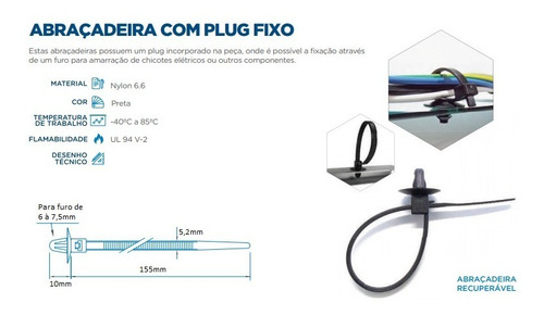 Abraçadeira Enforca Gato Com Plug P/ Furo Lata Chassi 100un