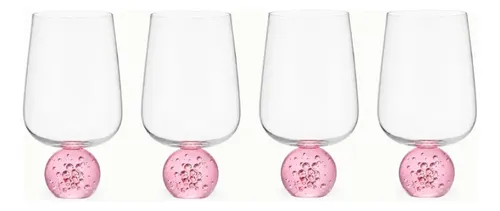 Kit 4 Taças De Vidro Com Base Rosa Esfera Bubble Glass 450ml Transparente E Rosa