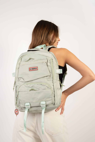 Mochila Urbana La Chapelle Microfibra Con Osito Verde Claro Liso