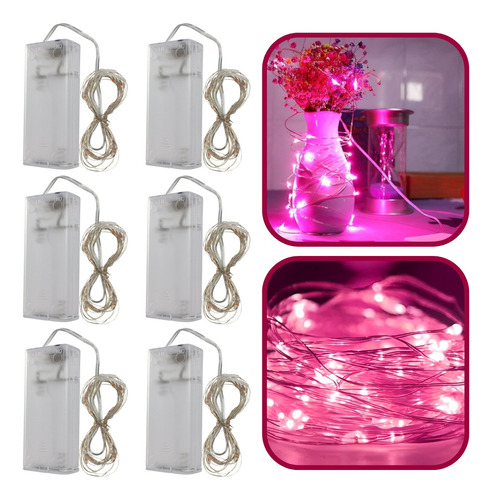 Kit 6 Fio Fada Cordão De Luz 2 Metros 20 Leds Rosa A Pilha