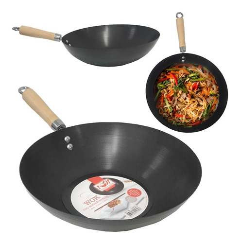 Imagen 2 de 8 de Wok Sarten De Chapa Antiadherente Con Manija De Madera 30cm