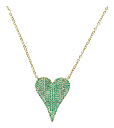 Collar Dorado Dije Corazón Alargado Verde Acero Quirúrgico Dorado
