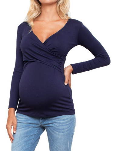 Top De Lactancia De Manga Larga Liso Con Cuello En V Y Volan