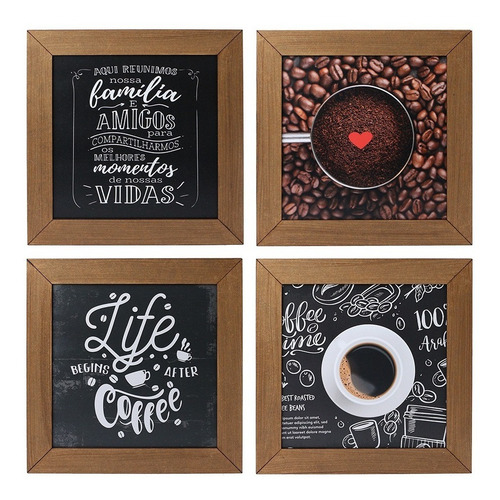 Imagem 1 de 5 de Kit 4 Quadros Decorativos Cantinho Do Café Rústico