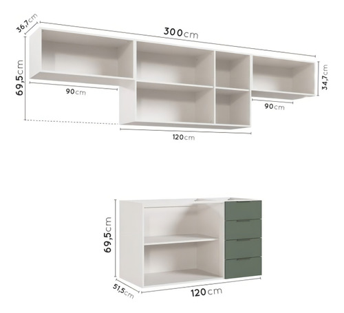 Cozinha Modulada 4 Peças Sem Tampo 3 Aéreos 5 Portas E 1