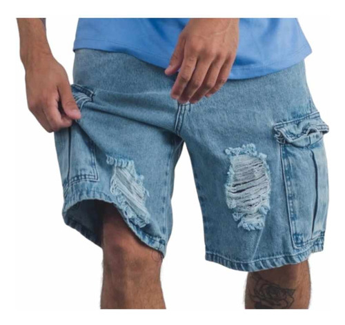 Bermuda Jean Mom Cargo Con Roturas Y Bolsillo