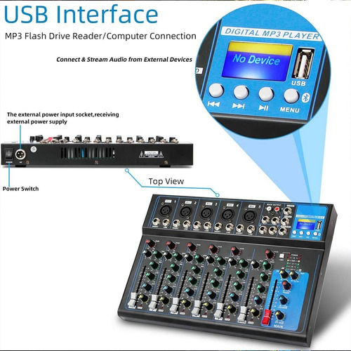 Imagen 7 de 9 de Consola Mixer 8 Canales Bluetooth Usb Phantom Power Eq F-7