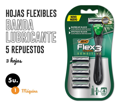 Maquina De Afeitar Bic Flex Hybrid Sensitive + 5 Repuestos