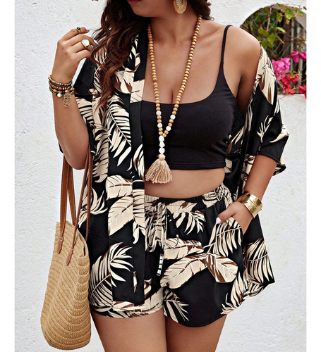 Set De Blusa Y Short Con Estampado Tropical