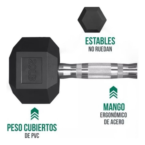 Mancuerna Pesa Hexagonal 20lb/9.07kg Para Gym Color Negro