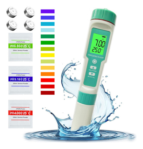 Medidor Ph/tds/ec/salinidad/orp/sg/temp Probador Agua 7 En 1 Bolígrafo de Prueba de Calidad del Agua Portátil de Alta Precisión de 0.01 EC Multifuncional para Hidroponía Piscina Color Verde