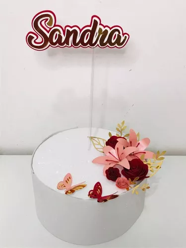 Topper/Topo de Bolo delicado e Personalizado com flores de Papel