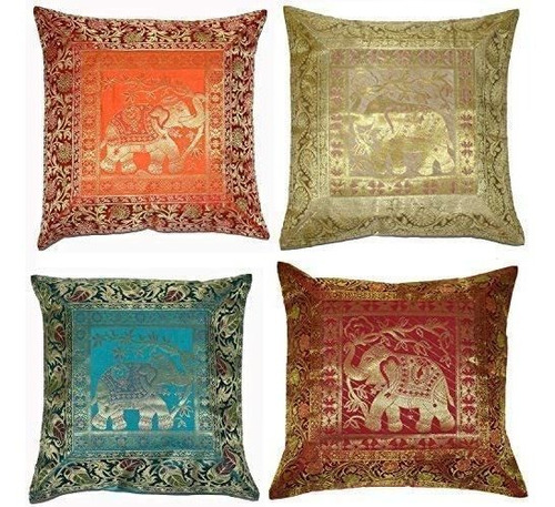 4 Conjunto De 43x43 Cm De Seda Elefante Indio Banarsi C...