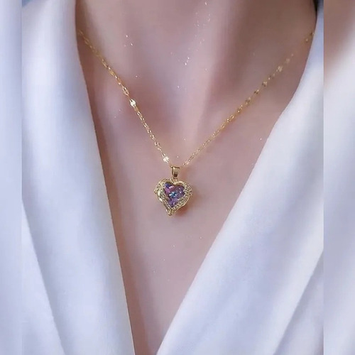 Imagen 4 de 10 de Collar Dije Corazón Acero Oro Rosa Con Cristal Rosa Iced