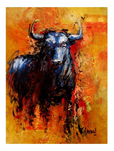 Cuadro Decorativo Toro Lidia Atardecer Naranja 70x50 Cm