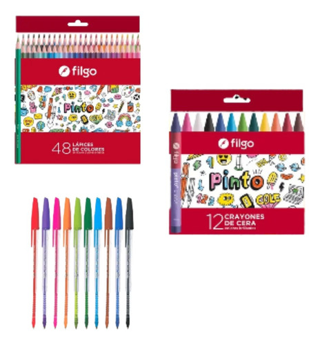 Pack 50 Kit Set Escolar 48 Colores 12 Crayones 10 Boligrafos