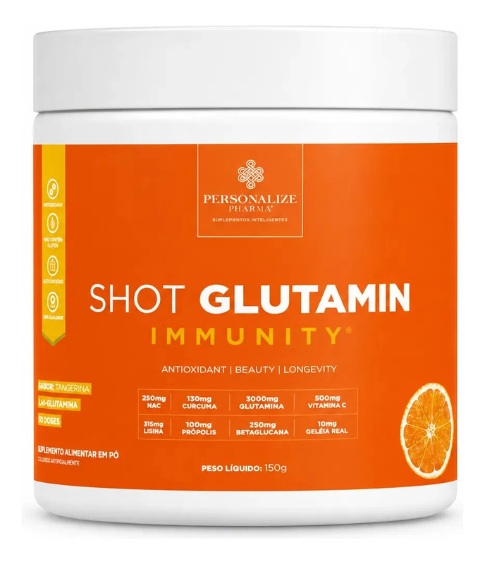 Pote de suplemento em pó Shot Glutamin Immunity da Personalize Pharma sabor tangerina com 150g, exibindo a tabela de ingredientes na frente.