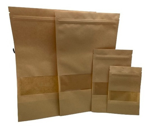 Imagen 1 de 5 de 50 Bolsas Kraft Con Ventana Cierre Hermético 20x12x3 Cm