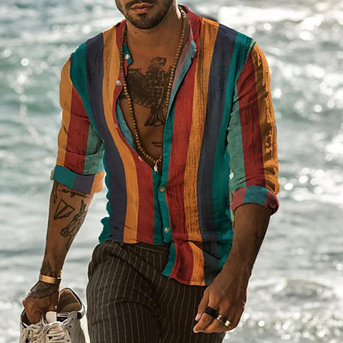 Camisa De Manga Larga A Rayas Con Botones Y Botones Para Hom