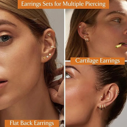 12 Pare Aretes De Oro 14k Mujer Arracadas Piercing Cartílago