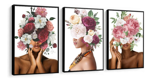 Kit 3 Quadros Mulheres Negras Afro Flores Com Moldura Sala