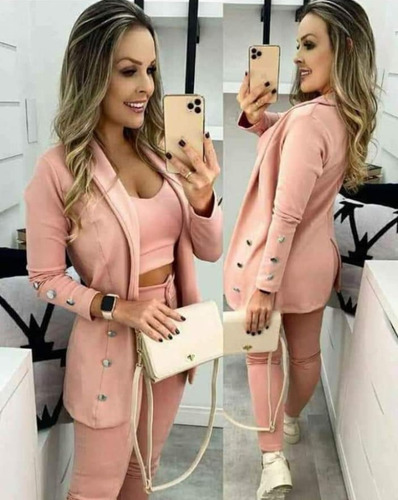 Traje Conjunto Elastizado Tres Piezas Top+blezer+pantalón