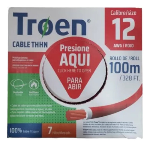 Cable Thhn 12 Rojo 100 Metros Troen 7 Hilos 100% Cobre 