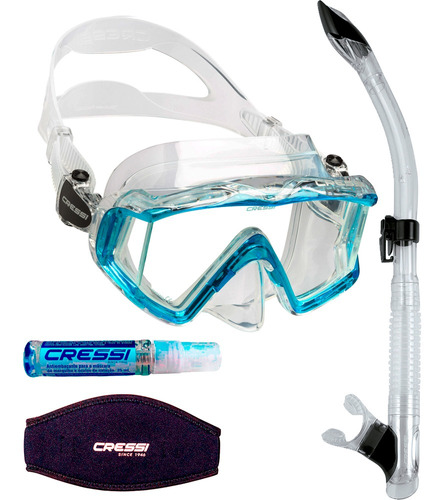 Kit De Mergulho Cressi Pano 3+snorkel Tao+anti Fog+strap Cor Transparente/Aquamarine