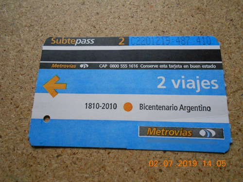 Boleto Subtepass - 2010  Bicentenario  - Usado - 2 Viajes -