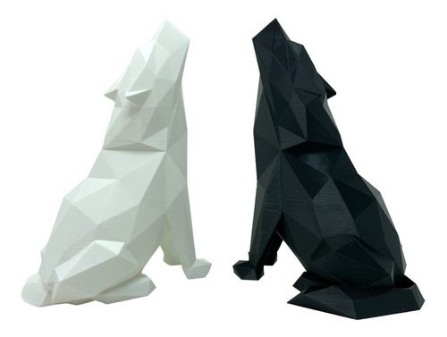 Set De 2 Estatuas De Lobos Poligonales Blanco Y Negro 18 Cm