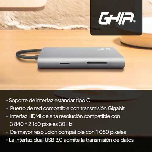 Adaptador Multipuerto Ghia 8 En 1 Usb 3.1 Tipo C A Hdmi Rj45