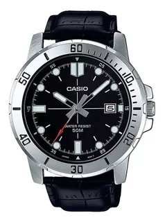 Reloj pulsera Casio Dress Mtp-vd01-1ev de cuerpo color plateado, analógico, para hombre, fondo negro, con correa de resina color negro, agujas color gris, blanco y rojo, dial blanco y plateado, minute