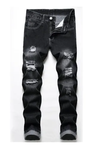 Jeans De Hombre Rasgados Pantalones Vaqueros Negros De Gran