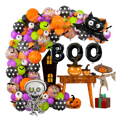 Kit Globos Halloween Boo Verde Calavera +12 Murciélagos