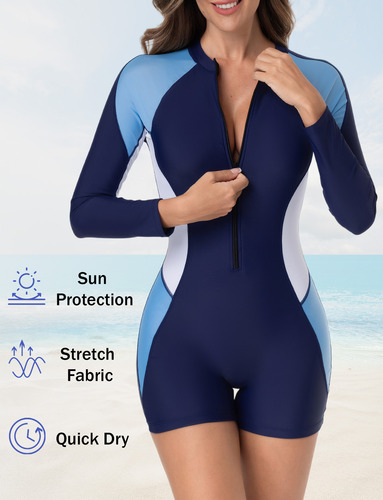 Traje De Baño De Manga Larga Mujer De Una Pieza Con Upf 50+