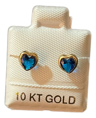 Elegantes Aretes Bisel Corazón Azul. Oro De 10 K.