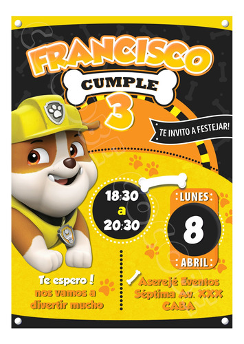 Invitacion Digital Cumpleaños Rubble Paw Patrol Tarjeta