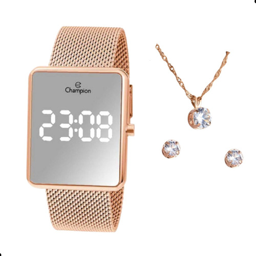 Relógio Champion Feminino Digital Rose Gold Espelhado