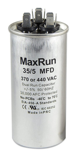 Maxrun 55+5 Mfd Uf 370 Ó 440 Voltios Vac Condensador Doble