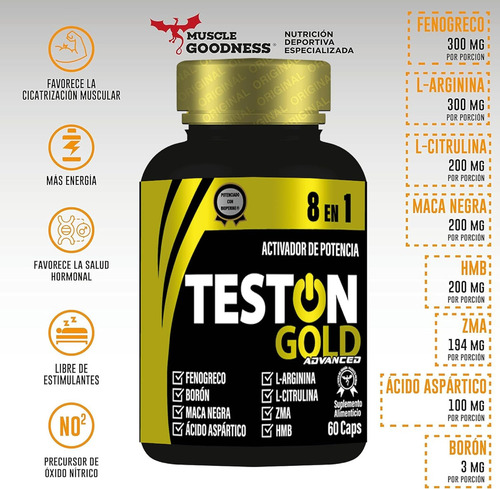 Muscle Goodness Teston Gold Advanced 8 En 1. 60 Cápsulas Sin Sabor. Sin Sabor