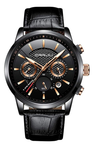 Crrju Hombres Moda Casual Relojes De Cuero Negro, Cronogr...