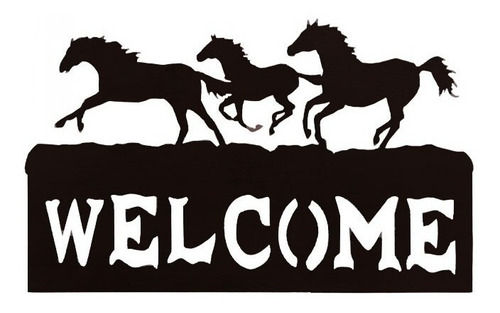 Placa Decorativa Em Metal Welcome Com Cavalos Importada 