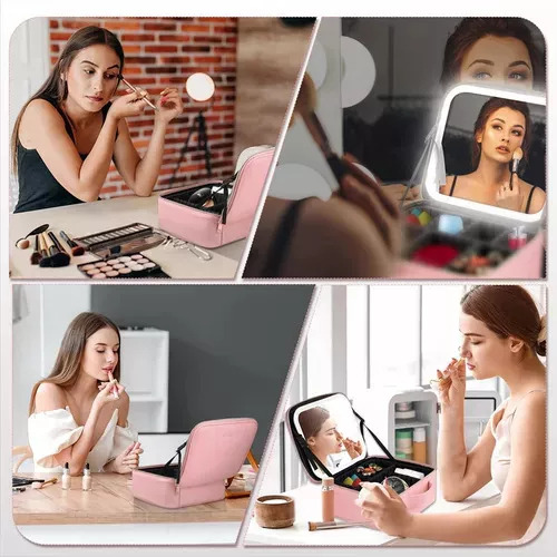 Bolsa De Maquillaje Con Espejo Y Luz, Organizador De Viaje [