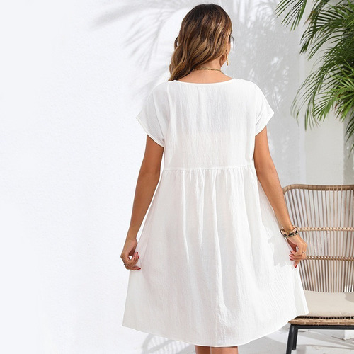 Elegante Vestido Corto Holgado Con Cuello En O Liso