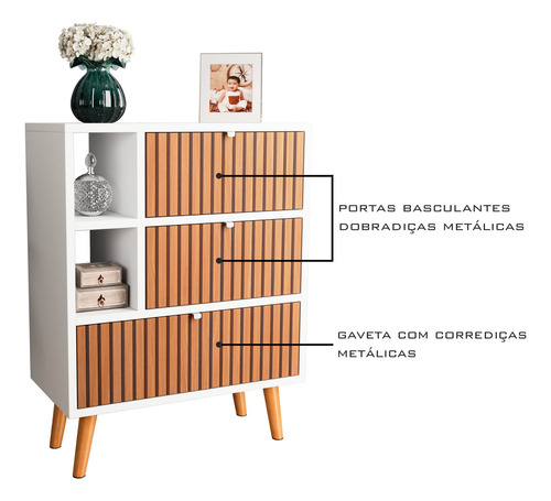 Buffet Aparador 3 Portas Basculante Retro Branco Ripado Pés De PVC 85cm X 65cm X 33cm Jm3 Móveis