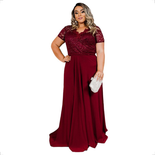 Vestido Festa Marsala Plus Size Madrinha Manga Luxo Brilho 