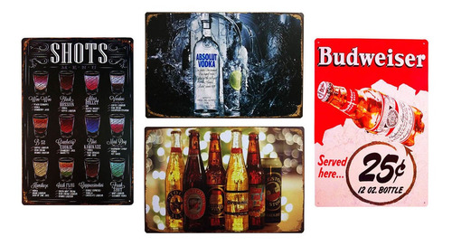 Kit 4 Quadros Decorativos Placas Metal Cerveja Receita Shots