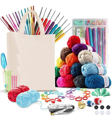 Set Completo De Crochet Accesorios Y Lanas + Tote Bag 79 Pcs