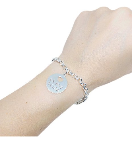 Pulsera Eslabón Rolo Acero Blanco Con Frase La Más Bella